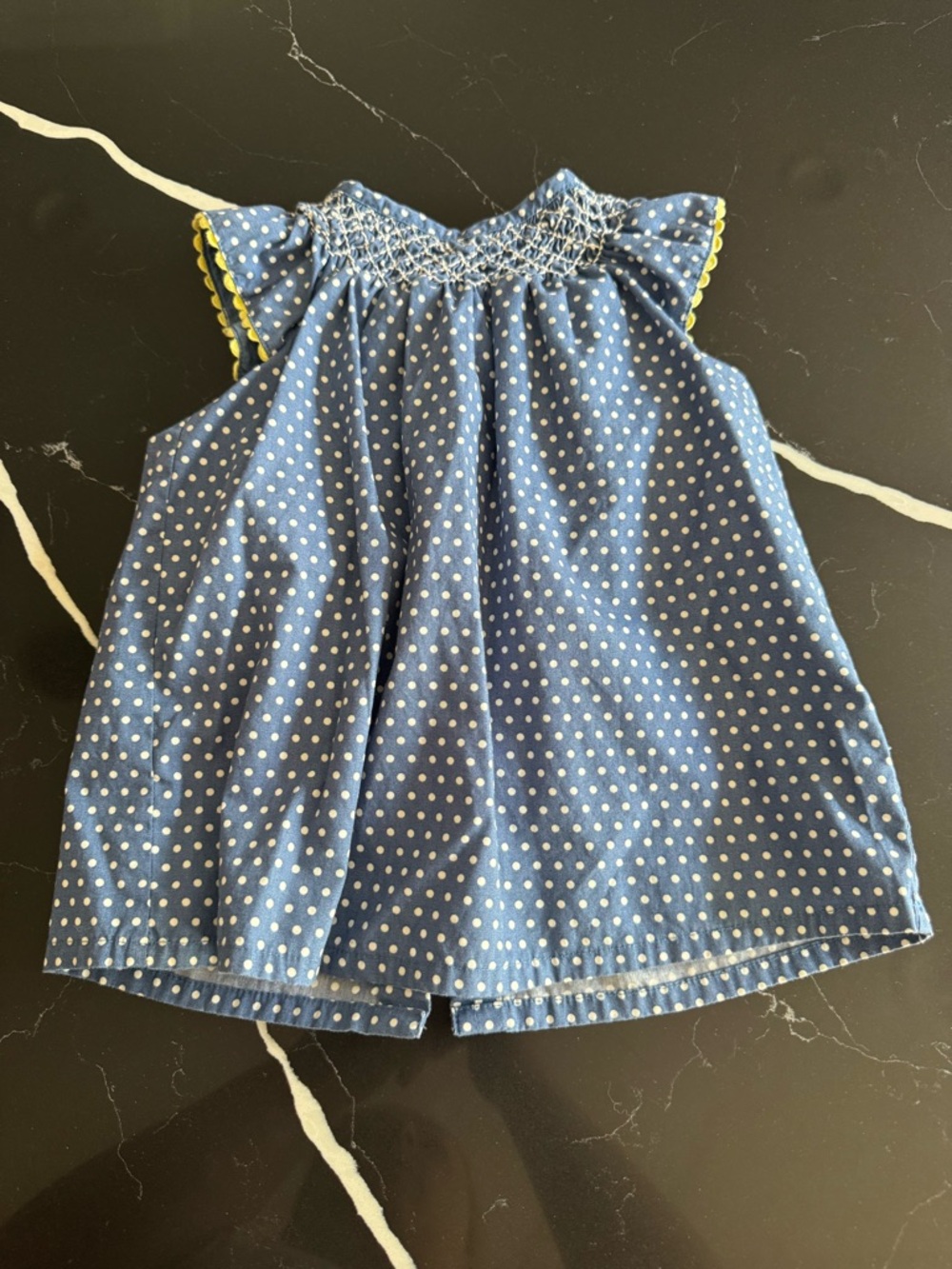 Baby Boden Blue Polka Dot Dress with Yellow Trim